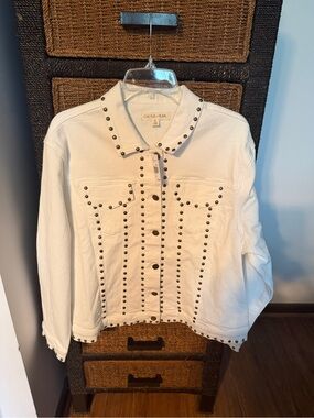 Cactus + Pearl White Studded Stretch Denim Jean Jacket